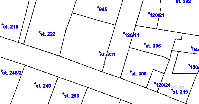 Parcela st. 231 v KÚ Velká Hleďsebe, Katastrální mapa