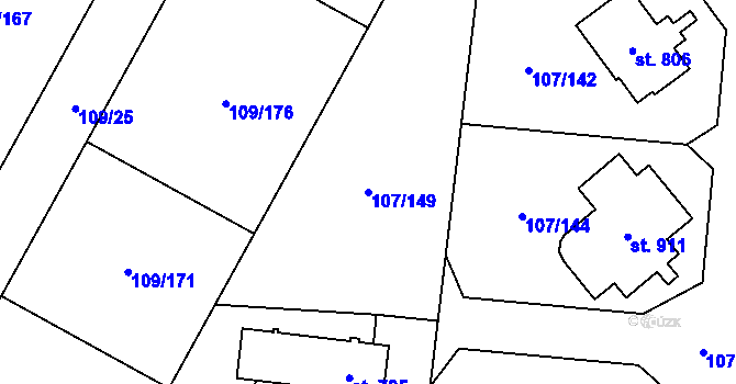 Parcela st. 107/149 v KÚ Velká Hleďsebe, Katastrální mapa