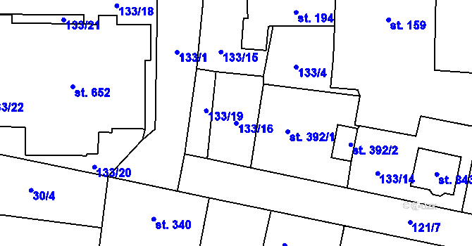 Parcela st. 133/16 v KÚ Velká Hleďsebe, Katastrální mapa