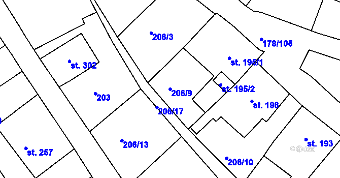 Parcela st. 206/9 v KÚ Velká Jesenice, Katastrální mapa