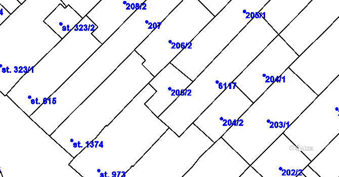 Parcela st. 205/2 v KÚ Velké Bílovice, Katastrální mapa