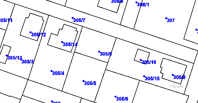 Parcela st. 305/9 v KÚ Velké Hoštice, Katastrální mapa