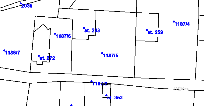 Parcela st. 1187/5 v KÚ Velké Kunětice, Katastrální mapa