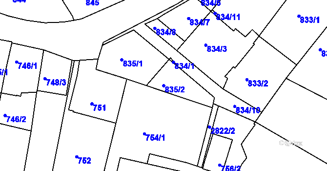 Parcela st. 835/2 v KÚ Velké Meziříčí, Katastrální mapa