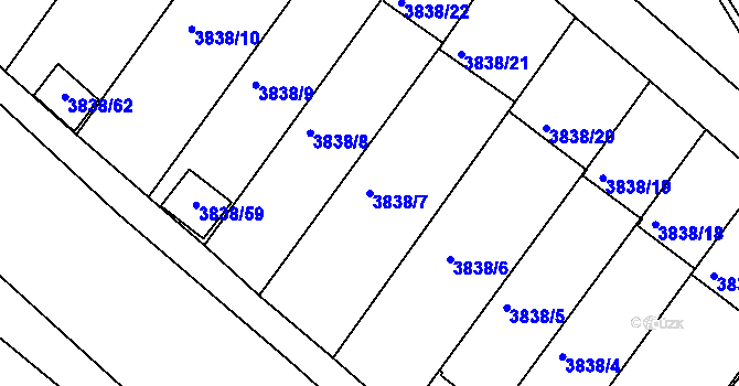 Parcela st. 3838/7 v KÚ Velké Meziříčí, Katastrální mapa