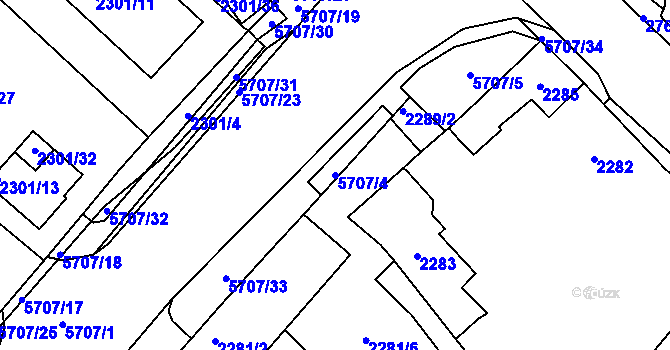 Parcela st. 5707/4 v KÚ Velké Meziříčí, Katastrální mapa