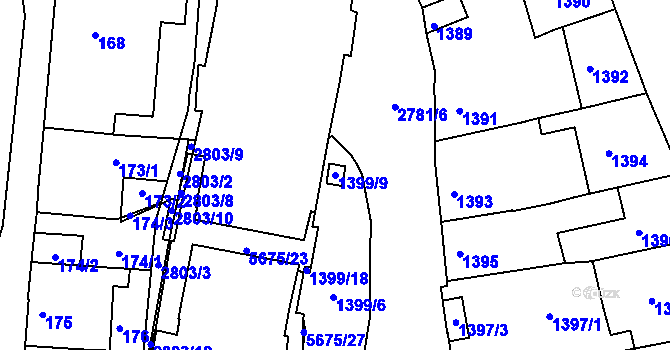 Parcela st. 1399/9 v KÚ Velké Meziříčí, Katastrální mapa