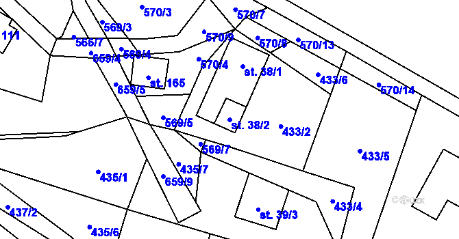 Parcela st. 38/2 v KÚ Mokřany u Velkých Popovic, Katastrální mapa