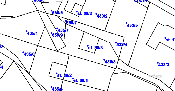 Parcela st. 39/3 v KÚ Mokřany u Velkých Popovic, Katastrální mapa