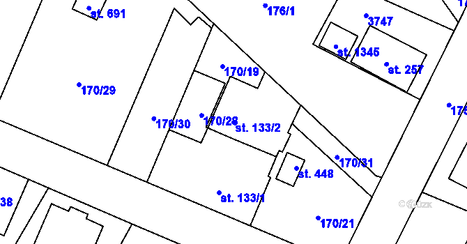 Parcela st. 133/2 v KÚ Velké Popovice, Katastrální mapa