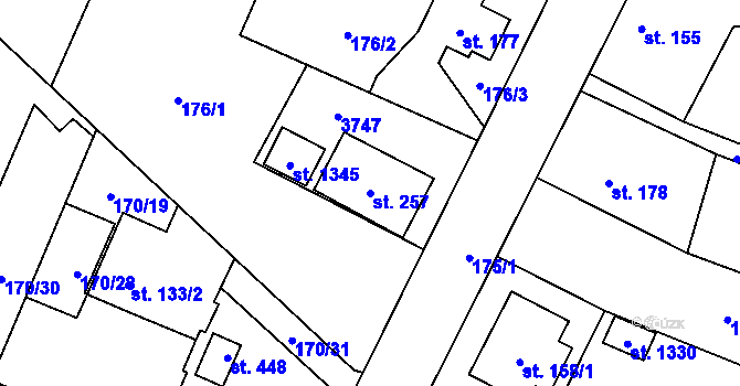 Parcela st. 257 v KÚ Velké Popovice, Katastrální mapa