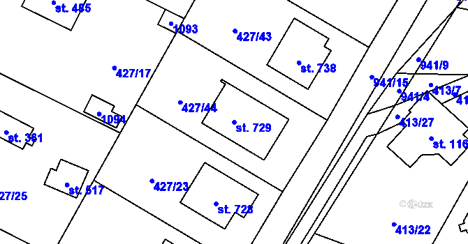 Parcela st. 729 v KÚ Velké Popovice, Katastrální mapa