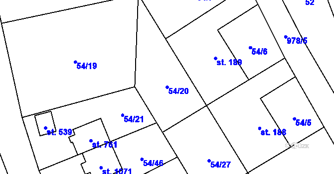 Parcela st. 54/20 v KÚ Velké Popovice, Katastrální mapa