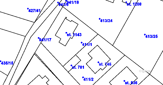 Parcela st. 411/1 v KÚ Velké Popovice, Katastrální mapa