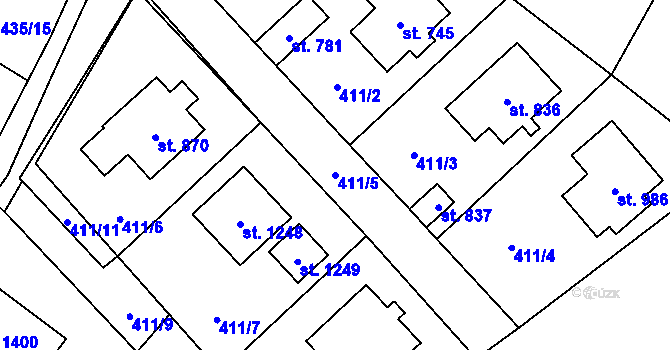Parcela st. 411/5 v KÚ Velké Popovice, Katastrální mapa