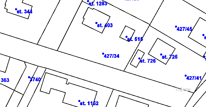 Parcela st. 427/34 v KÚ Velké Popovice, Katastrální mapa