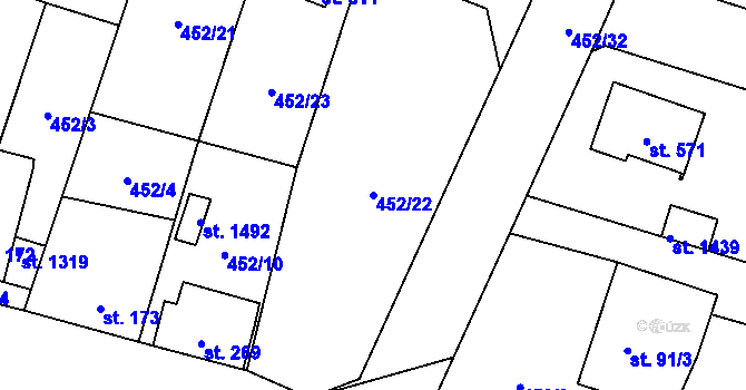 Parcela st. 452/22 v KÚ Velké Popovice, Katastrální mapa