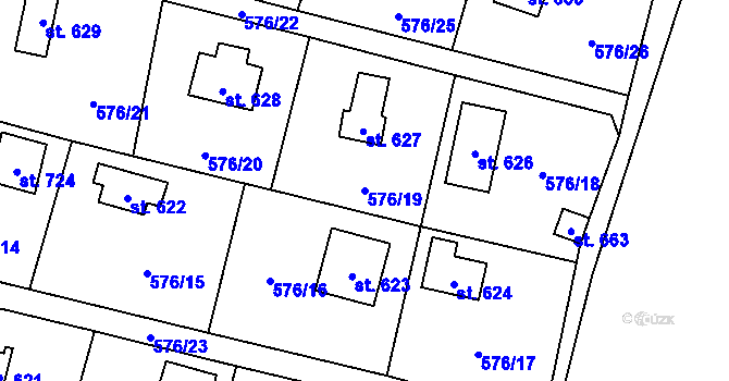 Parcela st. 576/19 v KÚ Velké Popovice, Katastrální mapa