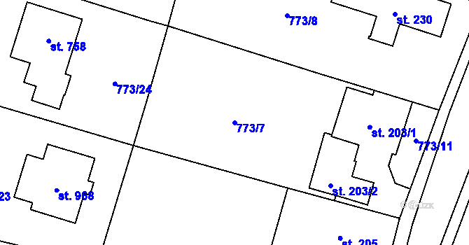 Parcela st. 773/7 v KÚ Velké Popovice, Katastrální mapa