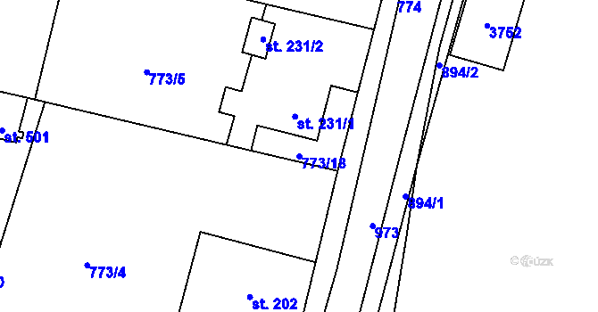 Parcela st. 773/18 v KÚ Velké Popovice, Katastrální mapa