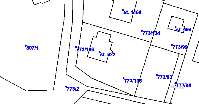 Parcela st. 922 v KÚ Velké Popovice, Katastrální mapa
