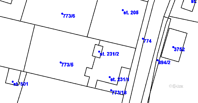 Parcela st. 231/2 v KÚ Velké Popovice, Katastrální mapa