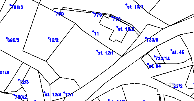 Parcela st. 12/1 v KÚ Malíč, Katastrální mapa