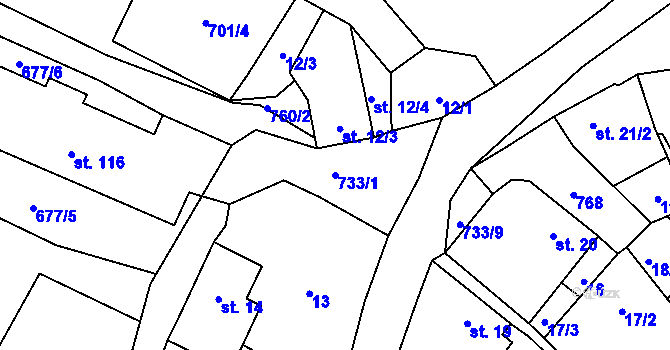 Parcela st. 733/1 v KÚ Malíč, Katastrální mapa