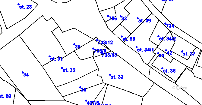 Parcela st. 733/13 v KÚ Malíč, Katastrální mapa