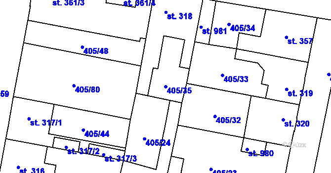Parcela st. 405/35 v KÚ Velký Osek, Katastrální mapa