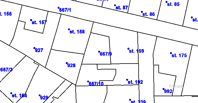 Parcela st. 667/9 v KÚ Velký Osek, Katastrální mapa