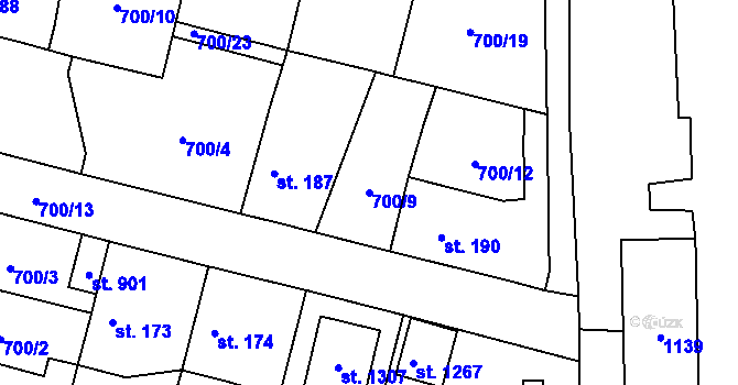 Parcela st. 700/9 v KÚ Velký Osek, Katastrální mapa