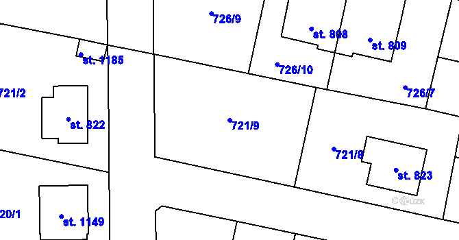 Parcela st. 721/9 v KÚ Velký Osek, Katastrální mapa