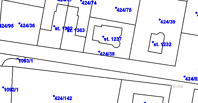 Parcela st. 424/38 v KÚ Velký Osek, Katastrální mapa