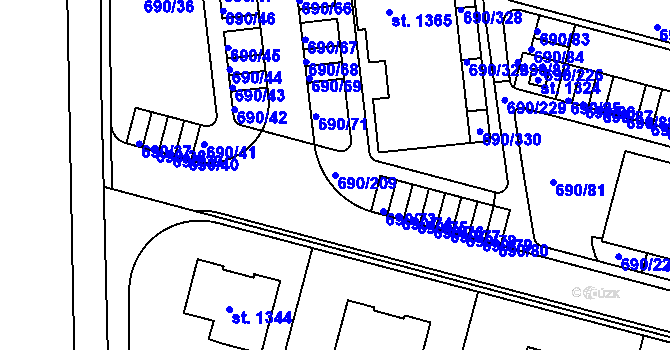 Parcela st. 690/209 v KÚ Velký Osek, Katastrální mapa