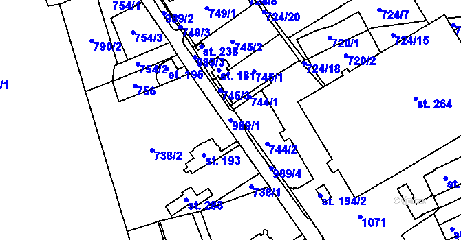 Parcela st. 989/1 v KÚ Staré Hraběcí, Katastrální mapa