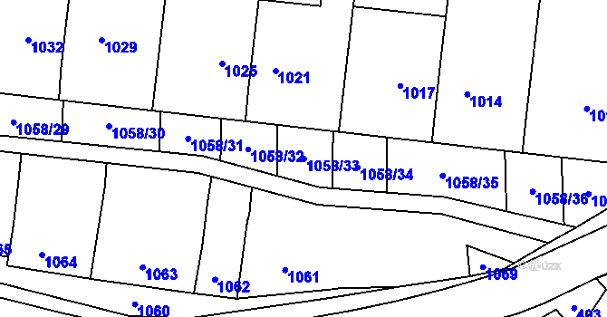 Parcela st. 1058/33 v KÚ Velký Týnec, Katastrální mapa