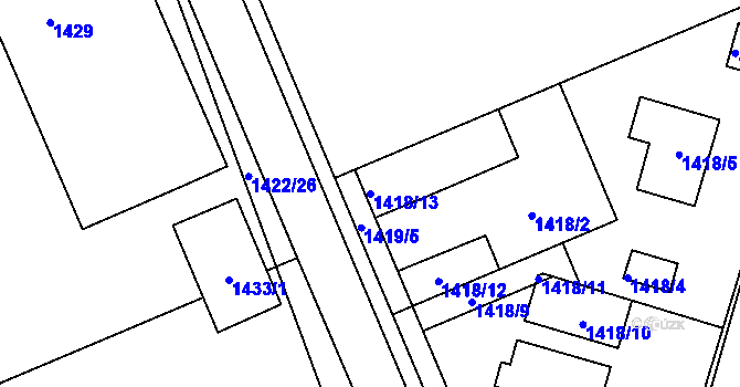 Parcela st. 1418/13 v KÚ Velký Týnec, Katastrální mapa