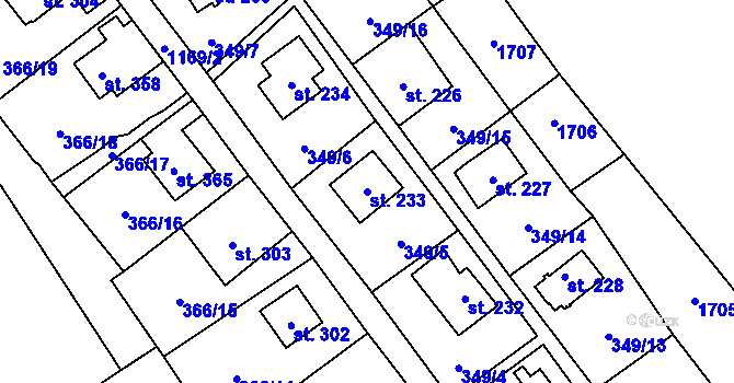 Parcela st. 233 v KÚ Velký Vřešťov, Katastrální mapa