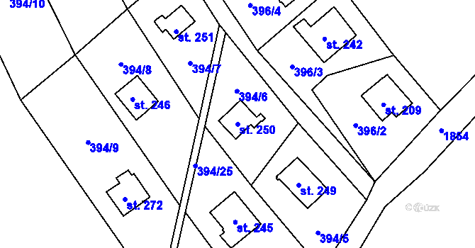 Parcela st. 250 v KÚ Velký Vřešťov, Katastrální mapa