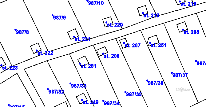 Parcela st. 206 v KÚ Veltěže, Katastrální mapa