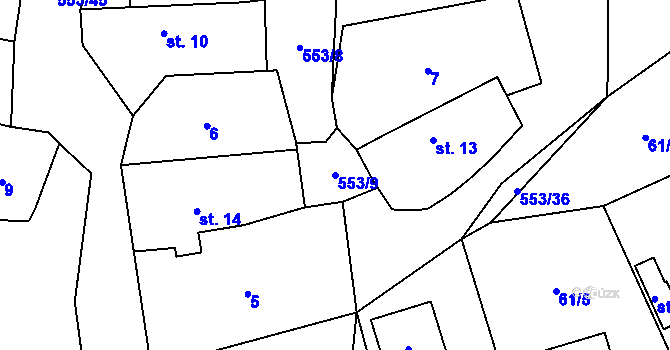 Parcela st. 553/9 v KÚ Veltruby, Katastrální mapa