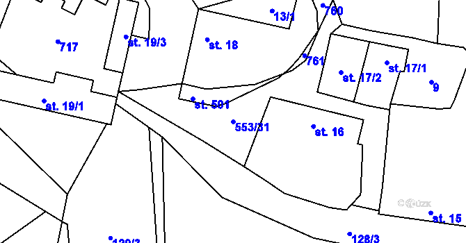 Parcela st. 553/31 v KÚ Veltruby, Katastrální mapa