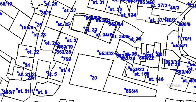 Parcela st. 553/32 v KÚ Veltruby, Katastrální mapa