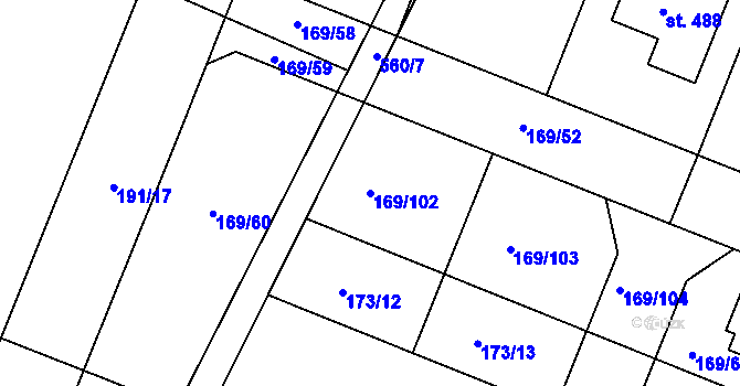 Parcela st. 169/102 v KÚ Veltruby, Katastrální mapa