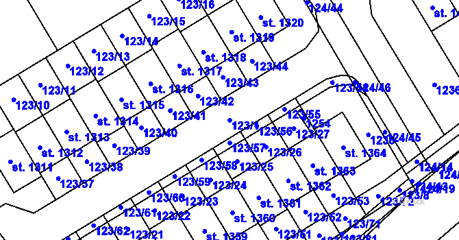 Parcela st. 123/1 v KÚ Veltrusy, Katastrální mapa