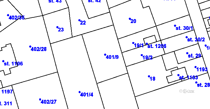 Parcela st. 401/9 v KÚ Veltrusy, Katastrální mapa