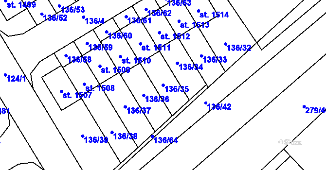 Parcela st. 136/35 v KÚ Veltrusy, Katastrální mapa