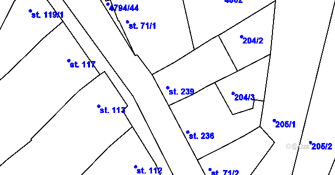 Parcela st. 239 v KÚ Vémyslice, Katastrální mapa