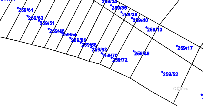 Parcela st. 259/70 v KÚ Lažínky, Katastrální mapa